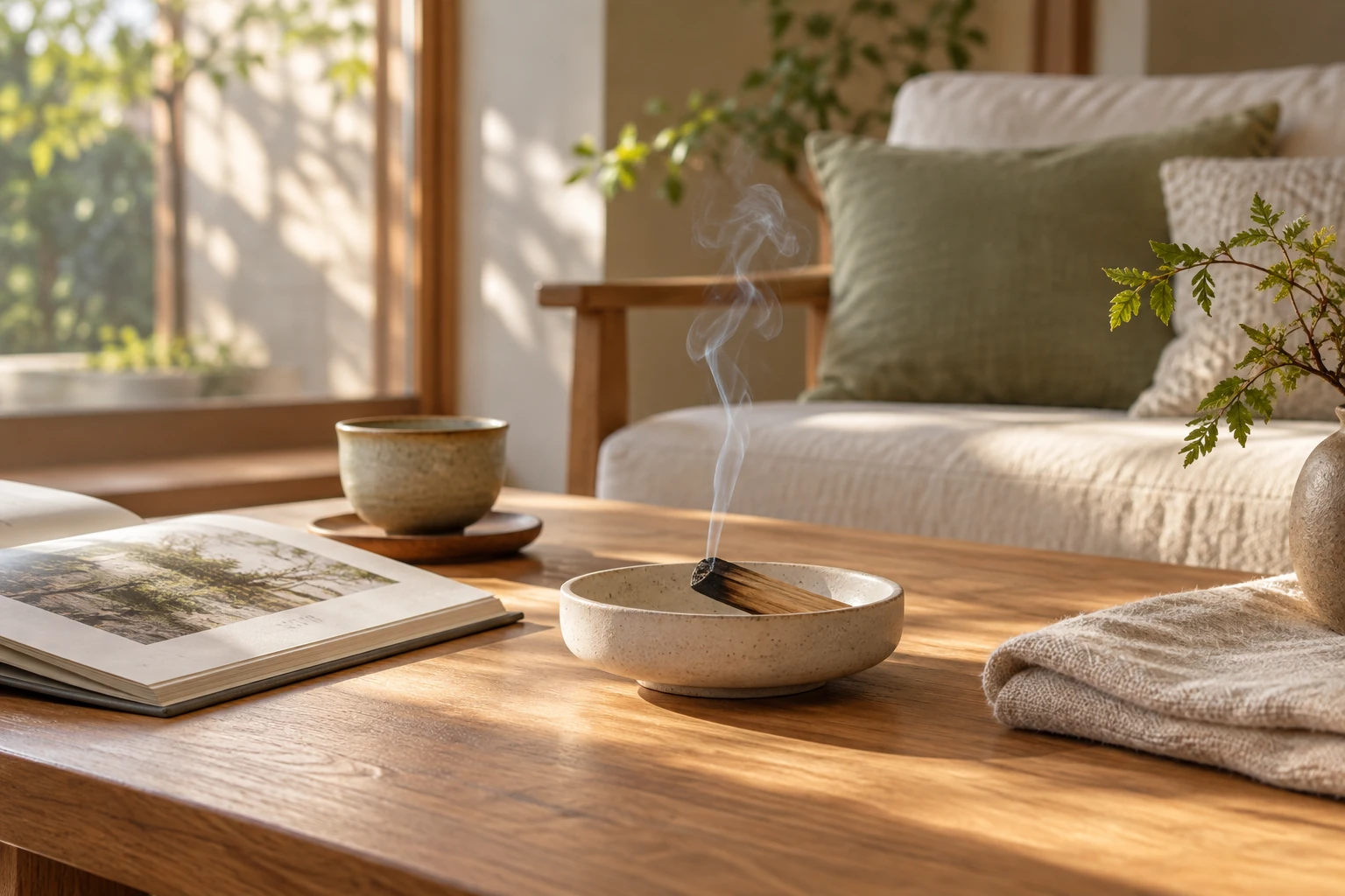 Palo santo resting in a ceramic dish beside a book and tea in afternoon light